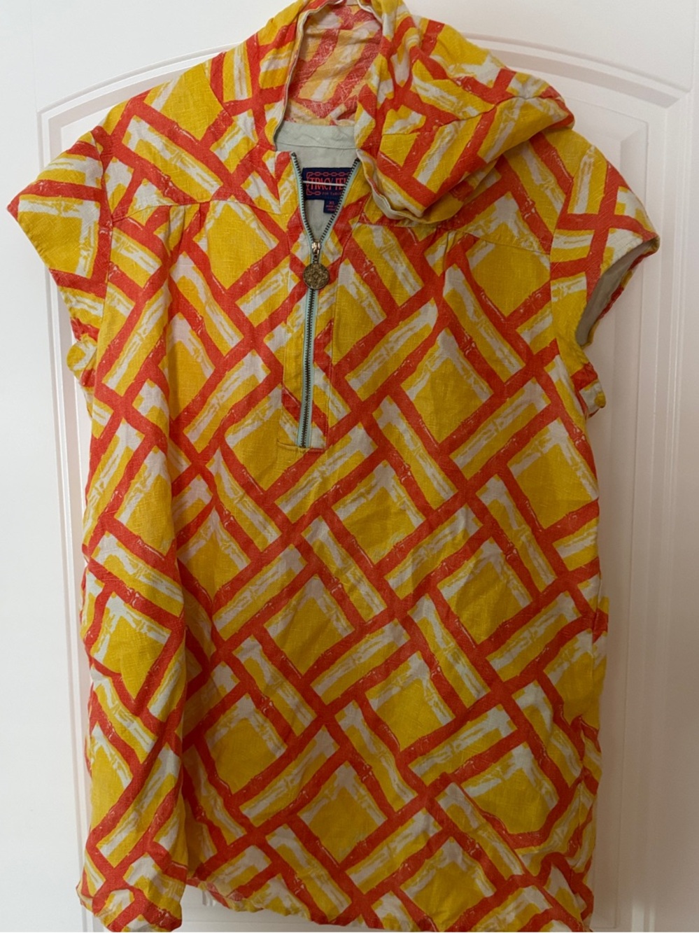 Women’s Tracy Feith Hooded Tunic Top - Yellow & Orange Geometric Print